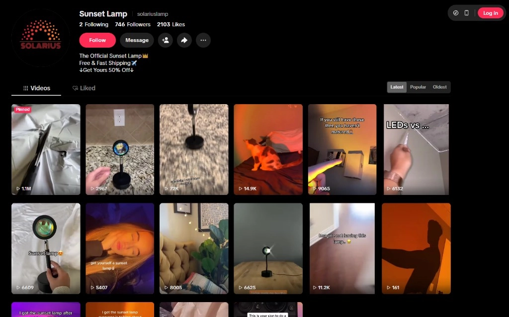 TikTok profile for the Solarius Sunset Lamp dropshipping brand from 2021