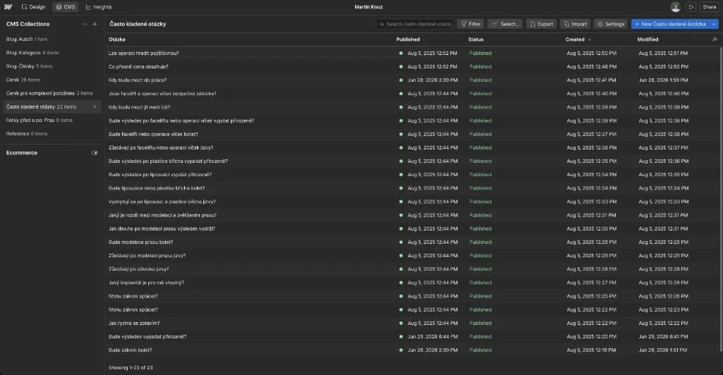 Webflow CMS collection for frequently asked questions
