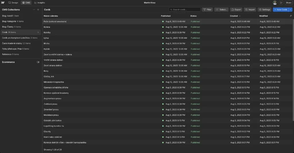 Webflow CMS collection for the Martin Knoz price list