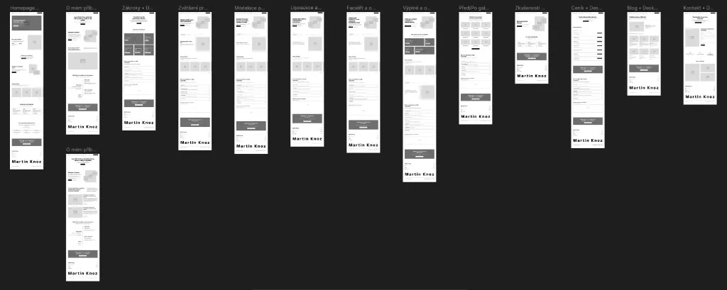 Low-fidelity wireframes covering the full Martin Knoz website architecture